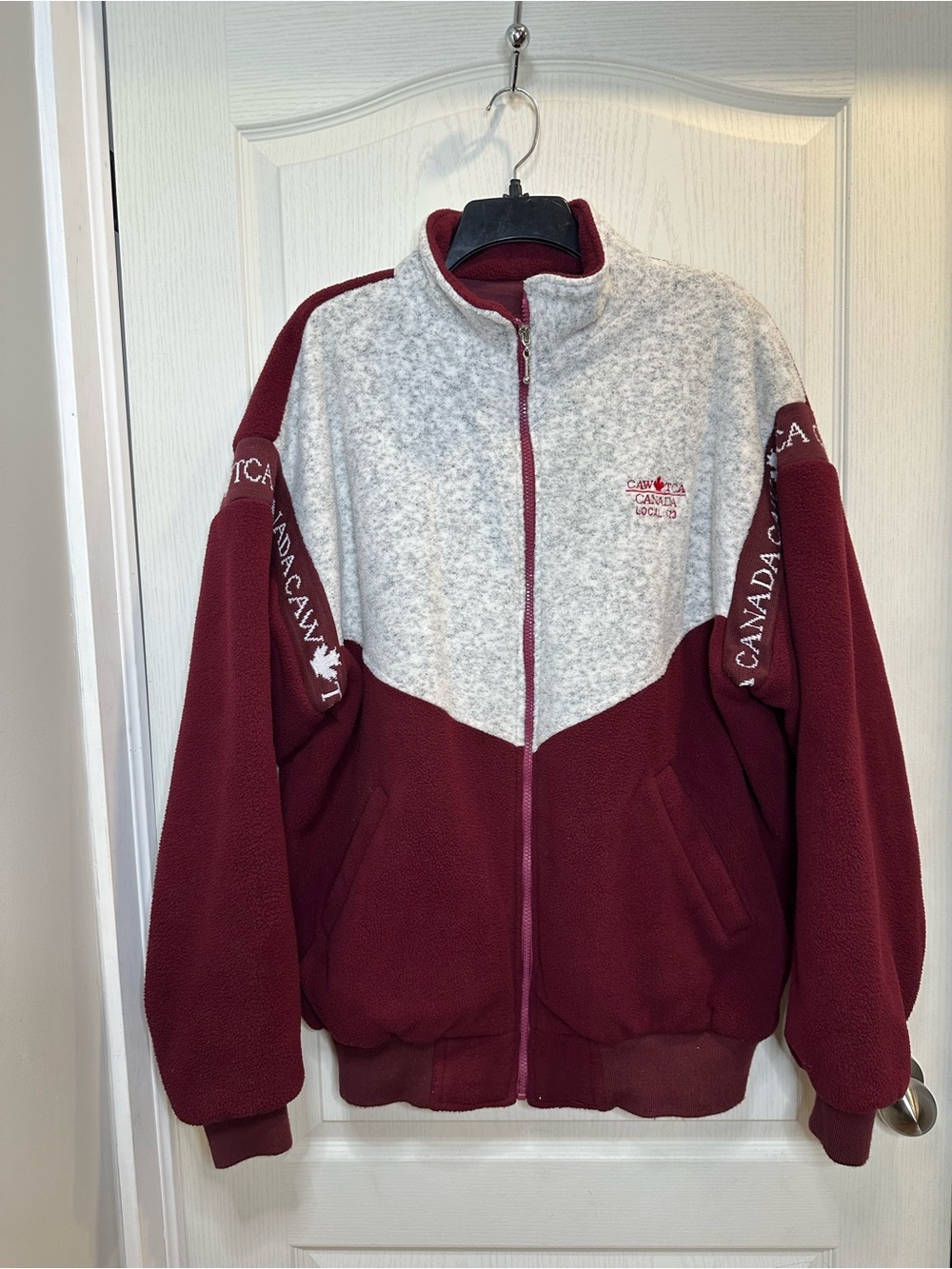 Vtg CAW-TCA Canada Union Fleece Jacket XL Tall Bomber Colorblock Burgundy Grey